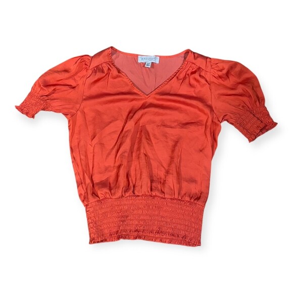 Philosophy Red Orange V Neck Puff Sleeves Ruched Waistband Blouse XS - Picture 6 of 6